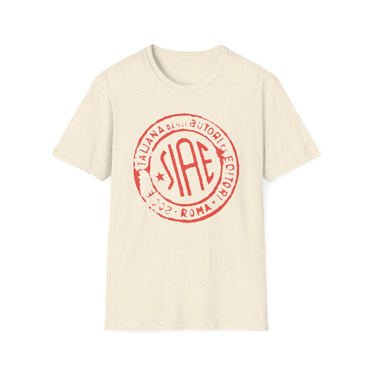 Cream t-shirt with red SIAE logo, "ITALIANA DEGLI AUTORI EDITORI", and "ROMA 2002".