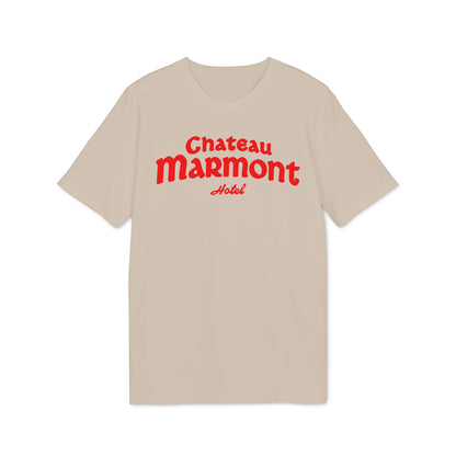 Beige t-shirt with red "Chateau Marmont Hotel" text.