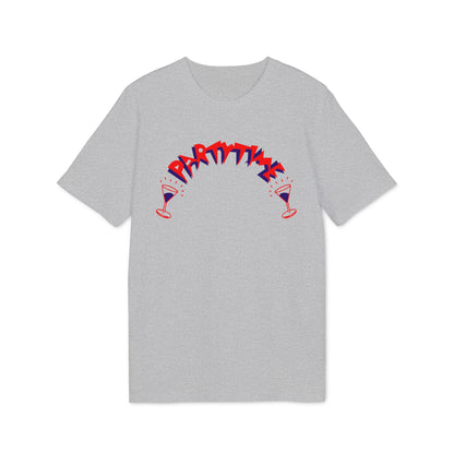 A short-sleeved gray t-shirt with red and blue graphic text reading "PARTY TIME" above two cocktail glasses.