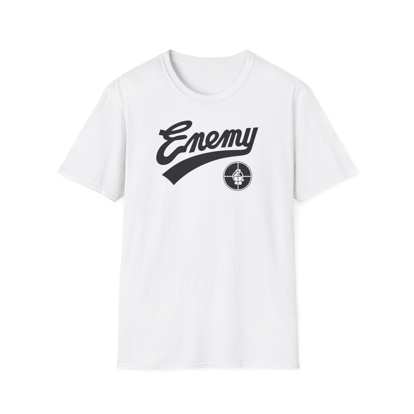 White t-shirt with black "Enemy" text and Public Enemy logo.