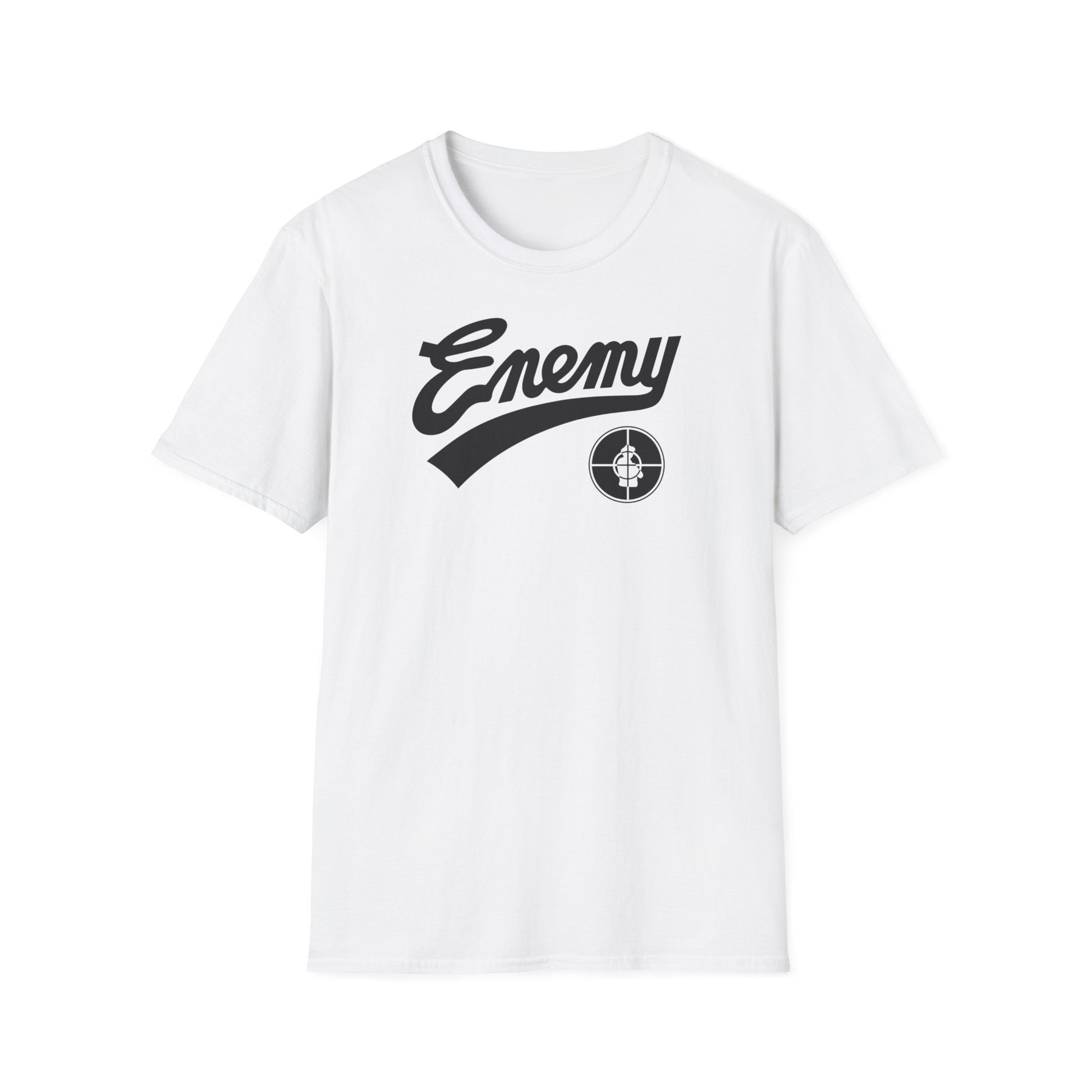 White t-shirt with black "Enemy" text and Public Enemy logo.