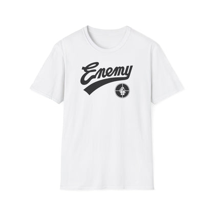 White t-shirt with black "Enemy" text and Public Enemy logo.