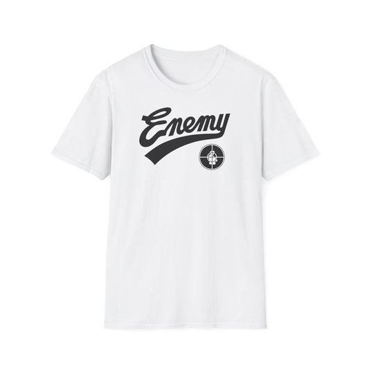 White t-shirt with black "Enemy" text and Public Enemy logo.