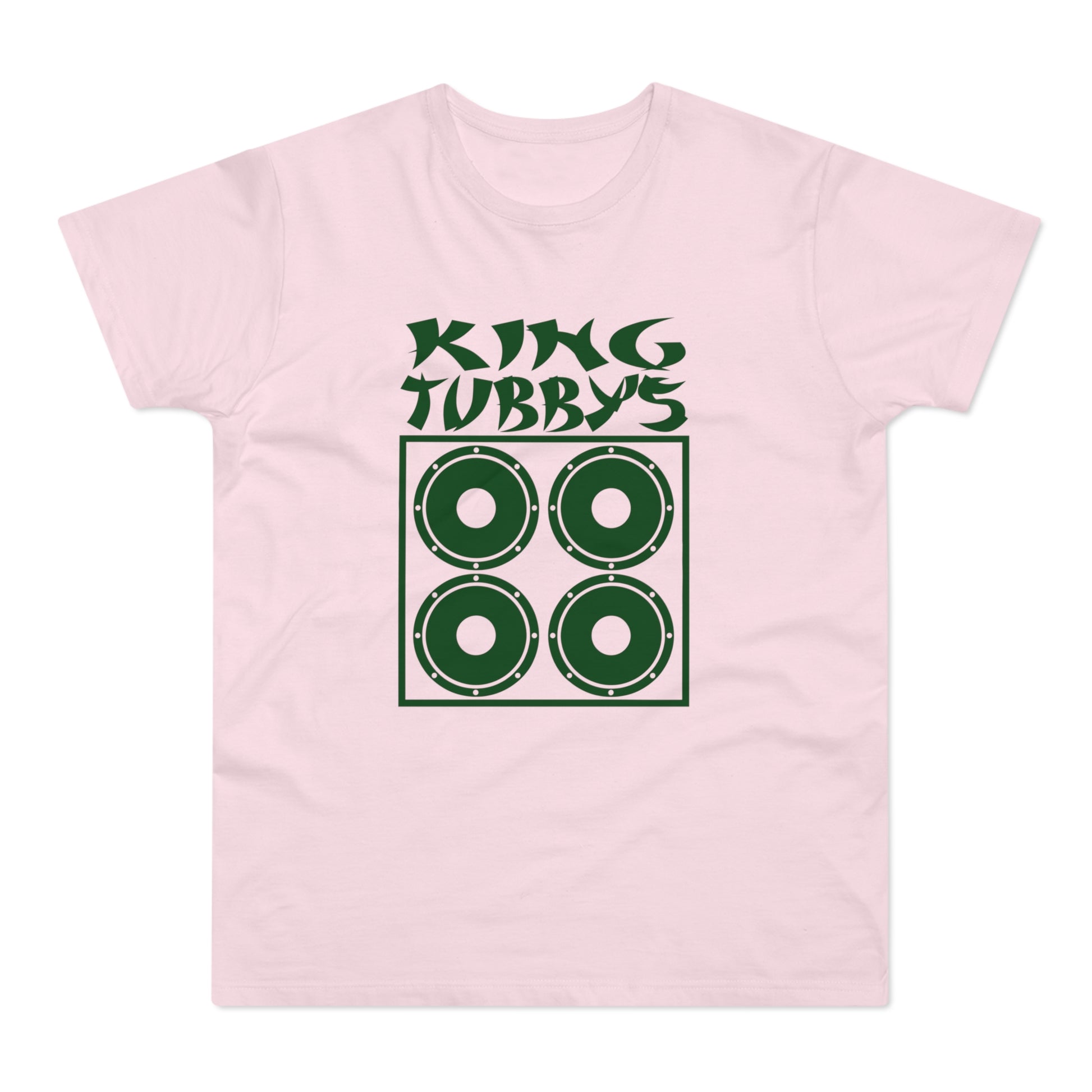 Pink t-shirt with green text "KING TUBBY'S" and four speaker graphic.