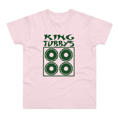 Pink t-shirt with green text "KING TUBBY'S" and four speaker graphic.
