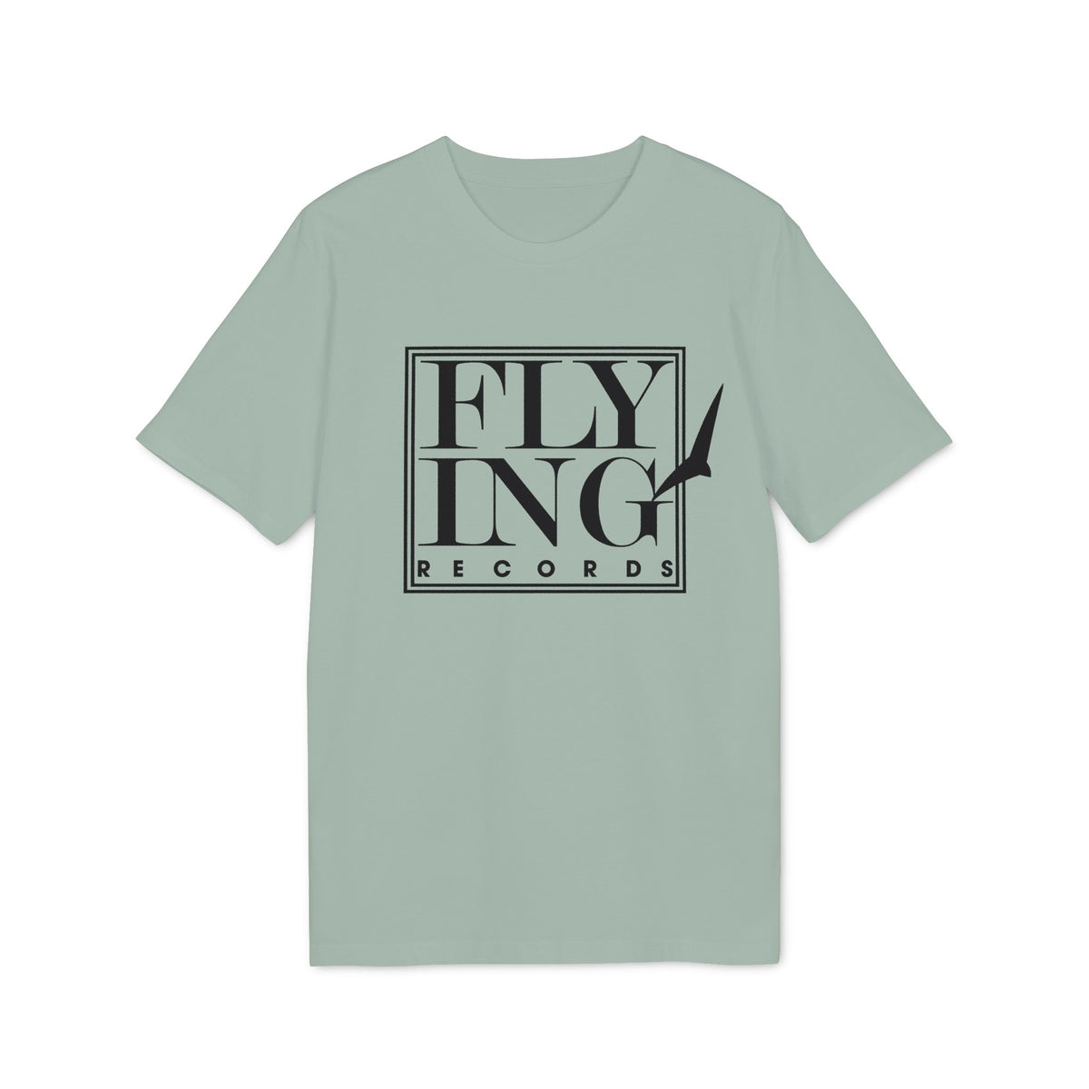 Sage green short-sleeve t-shirt with a black framed logo reading Flying Records and a flying bird.