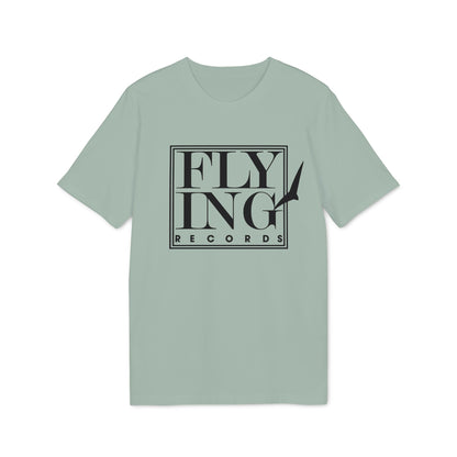 Sage green short-sleeve t-shirt with a black framed logo reading Flying Records and a flying bird.