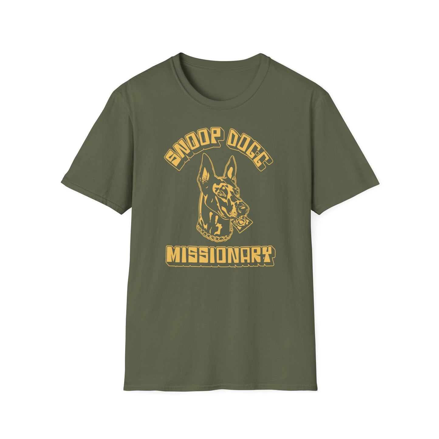 Olive green t-shirt with a graphic of a dog holding a condom and text "Missionary".