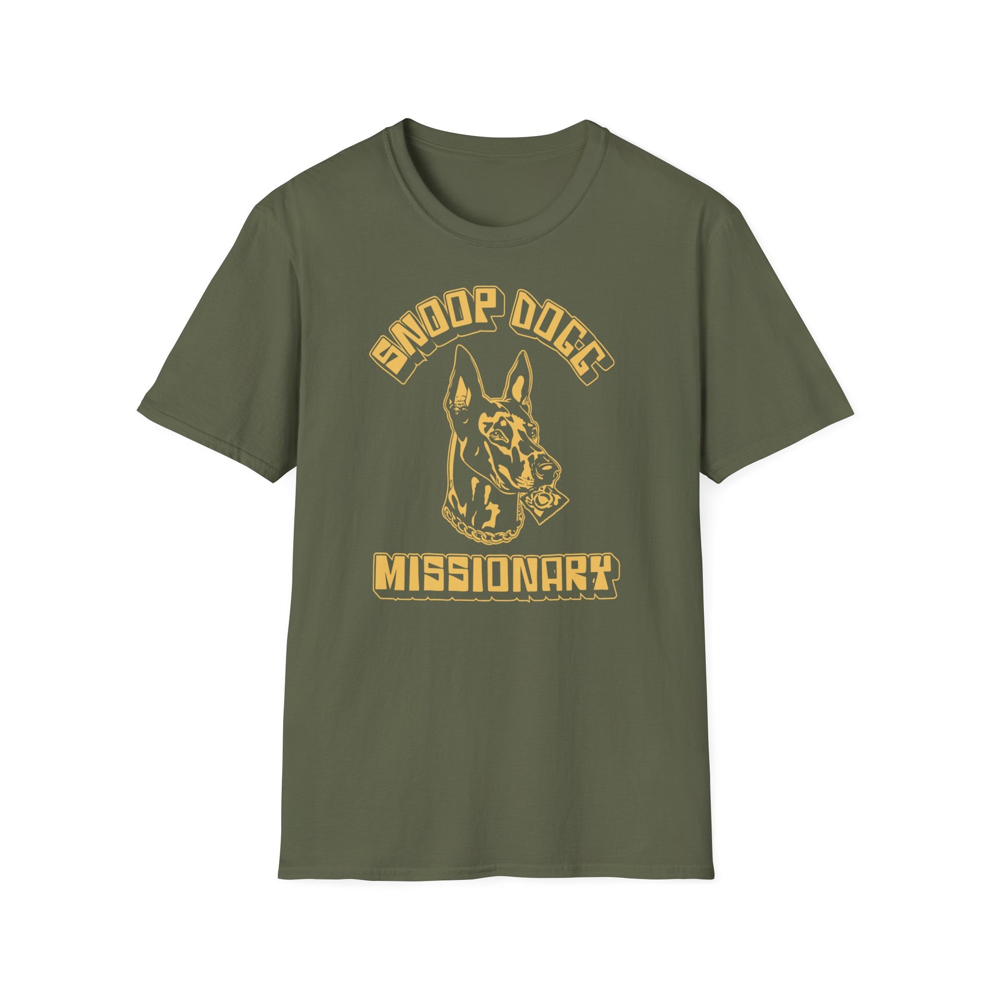 Olive green t-shirt with a graphic of a dog holding a condom and text "Missionary".