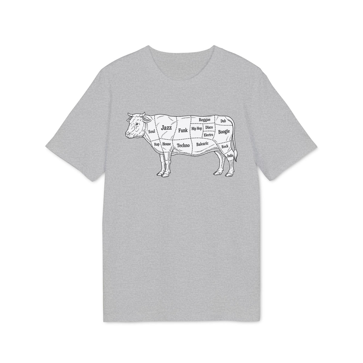 A grey t-shirt featuring a diagram of a cow with music genres labeled on its cuts.