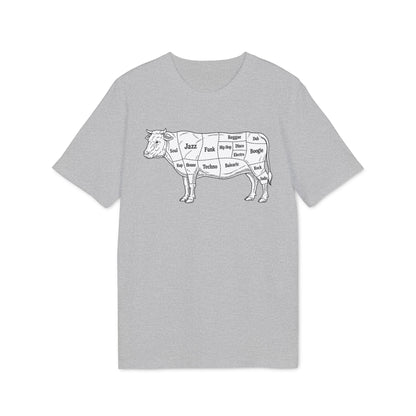 A grey t-shirt featuring a diagram of a cow with music genres labeled on its cuts.