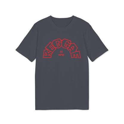Dark grey t-shirt with red outline graphic of "REGGAE 45 RPM" in an arched design.