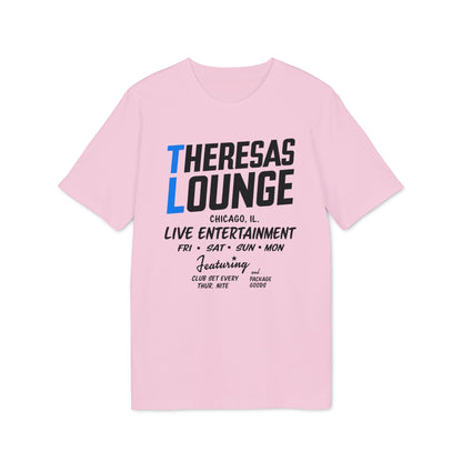 Pink t-shirt with "Theresas Lounge" and live entertainment details.