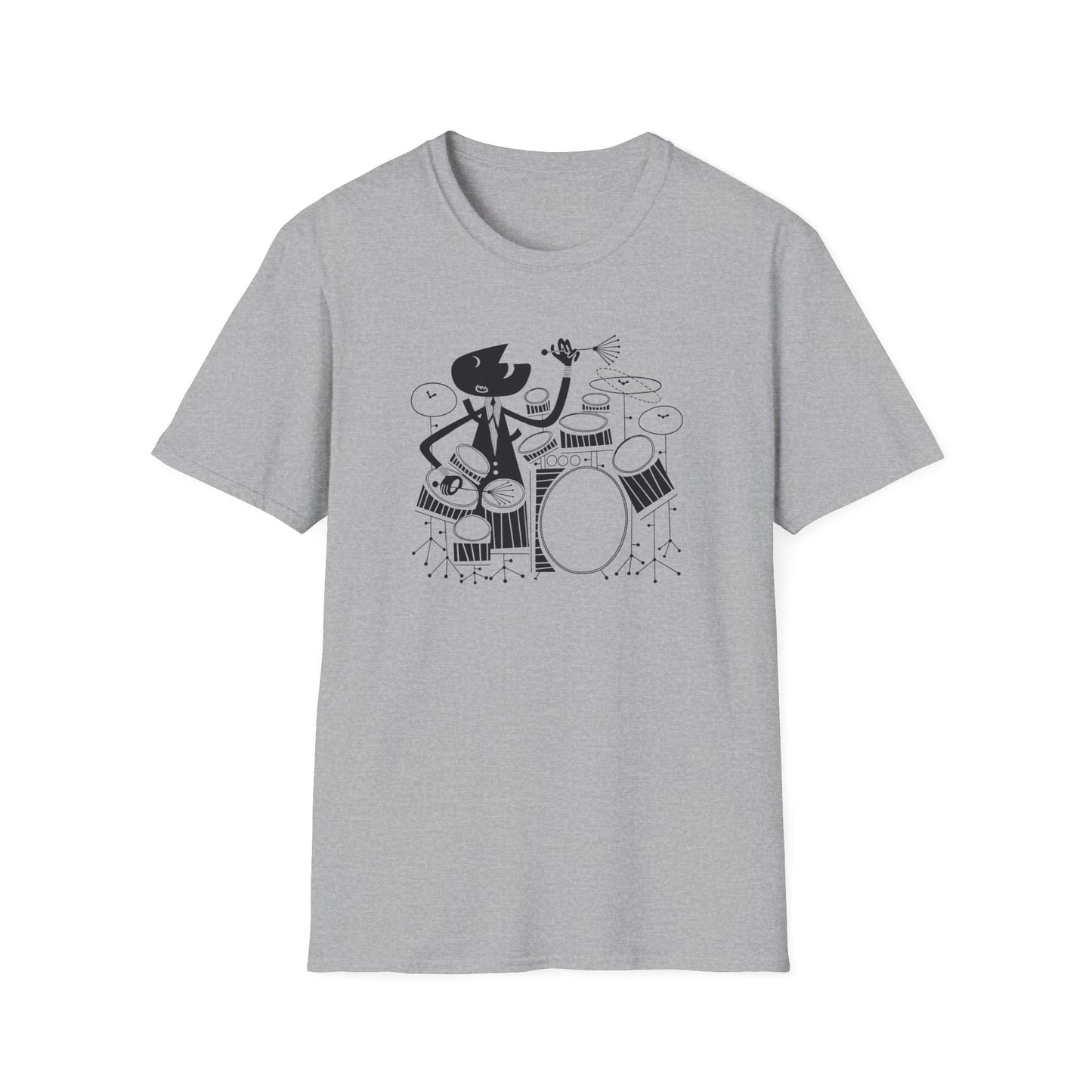 Black cat character playing drums with drumsticks in a stylized illustration with geometric elements.