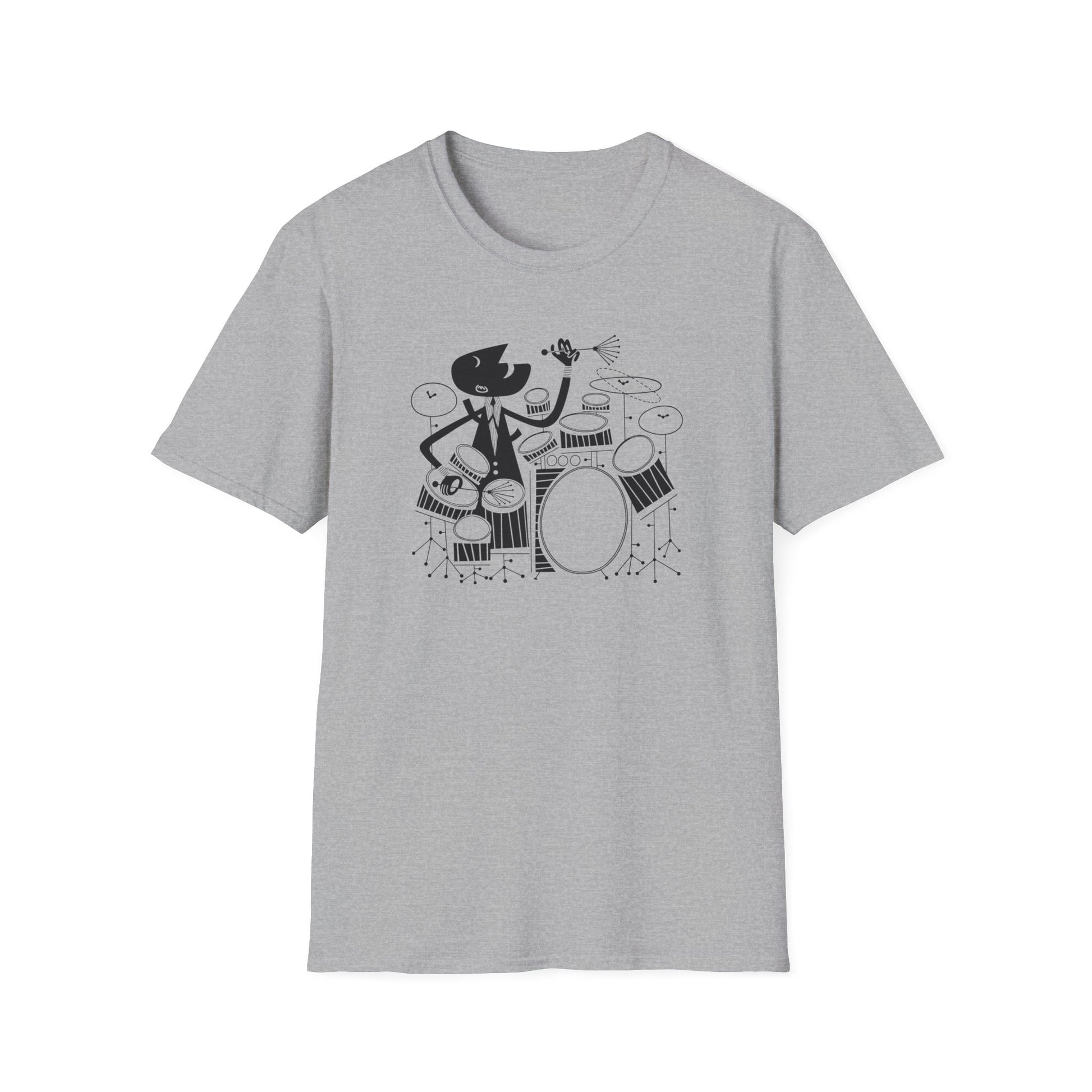 Black cat character playing drums with drumsticks in a stylized illustration with geometric elements.