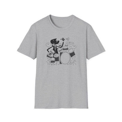 Black cat character playing drums with drumsticks in a stylized illustration with geometric elements.