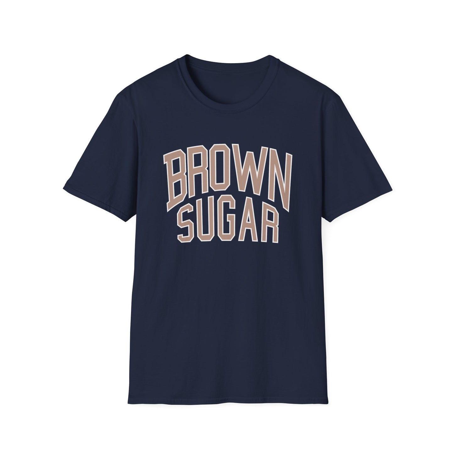 Navy t-shirt with arched "BROWN SUGAR" text in beige and white.