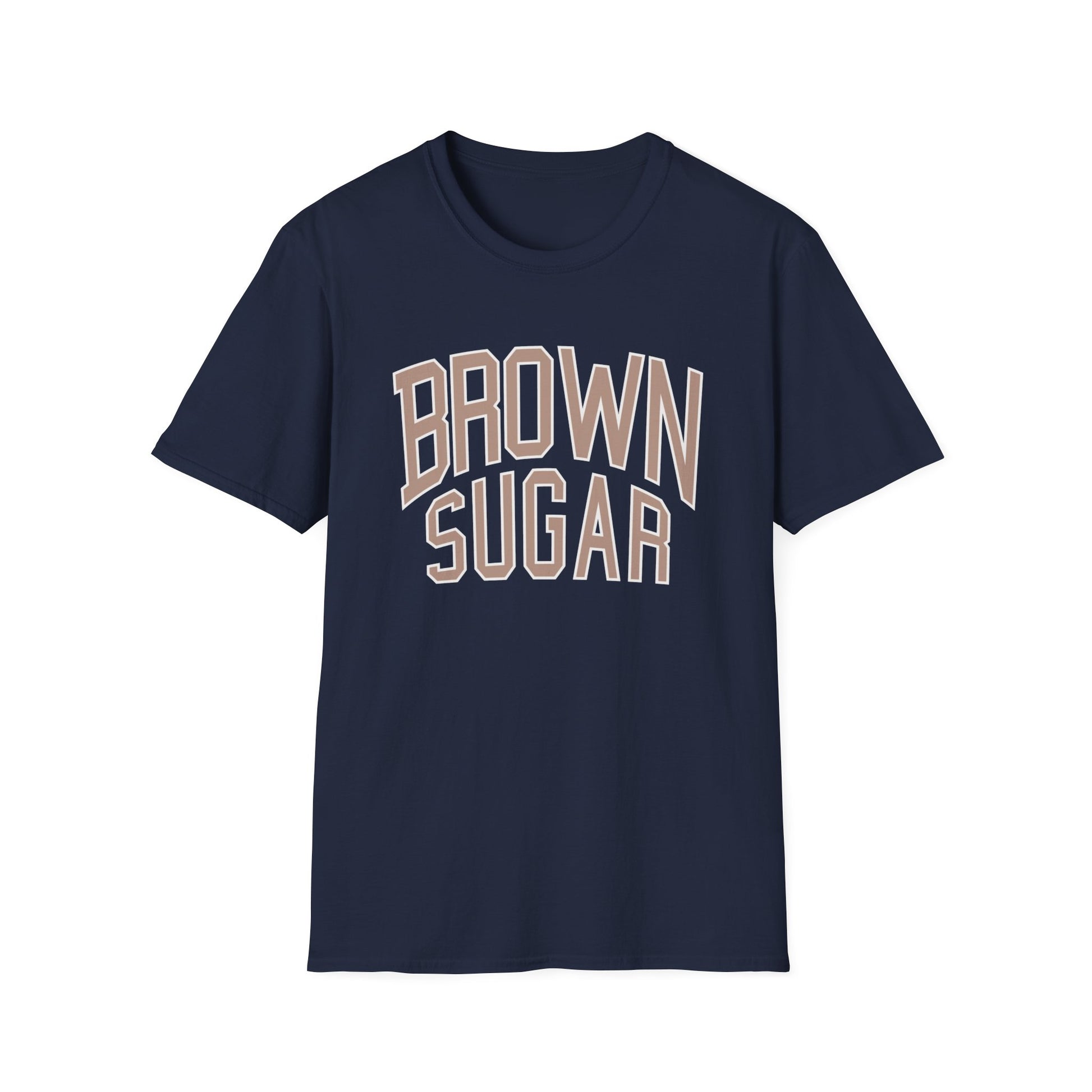 Navy t-shirt with arched "BROWN SUGAR" text in beige and white.