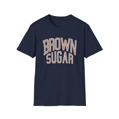 Navy t-shirt with arched "BROWN SUGAR" text in beige and white.