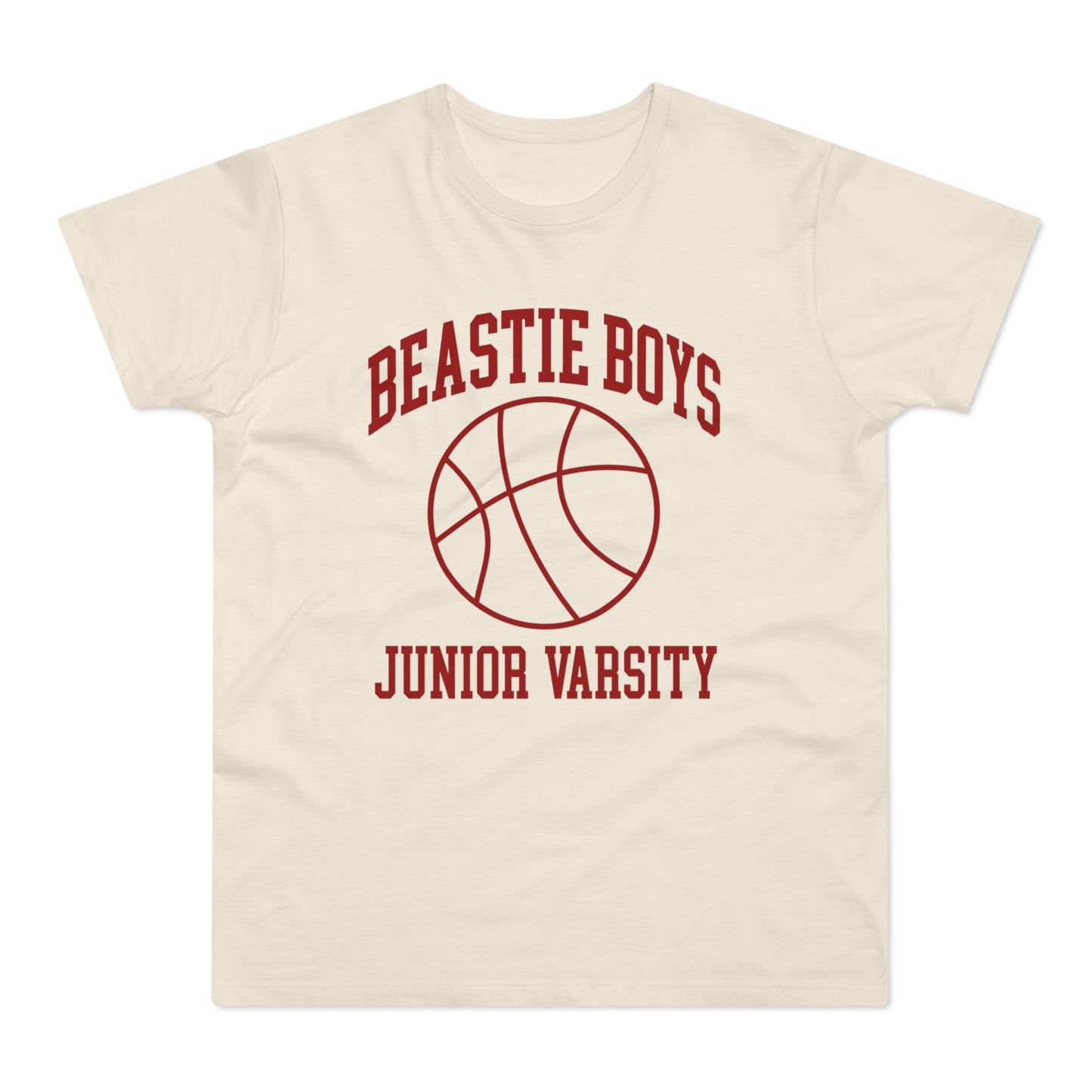 Cream t-shirt with "Beastie Boys Junior Varsity" and basketball graphic in maroon.
