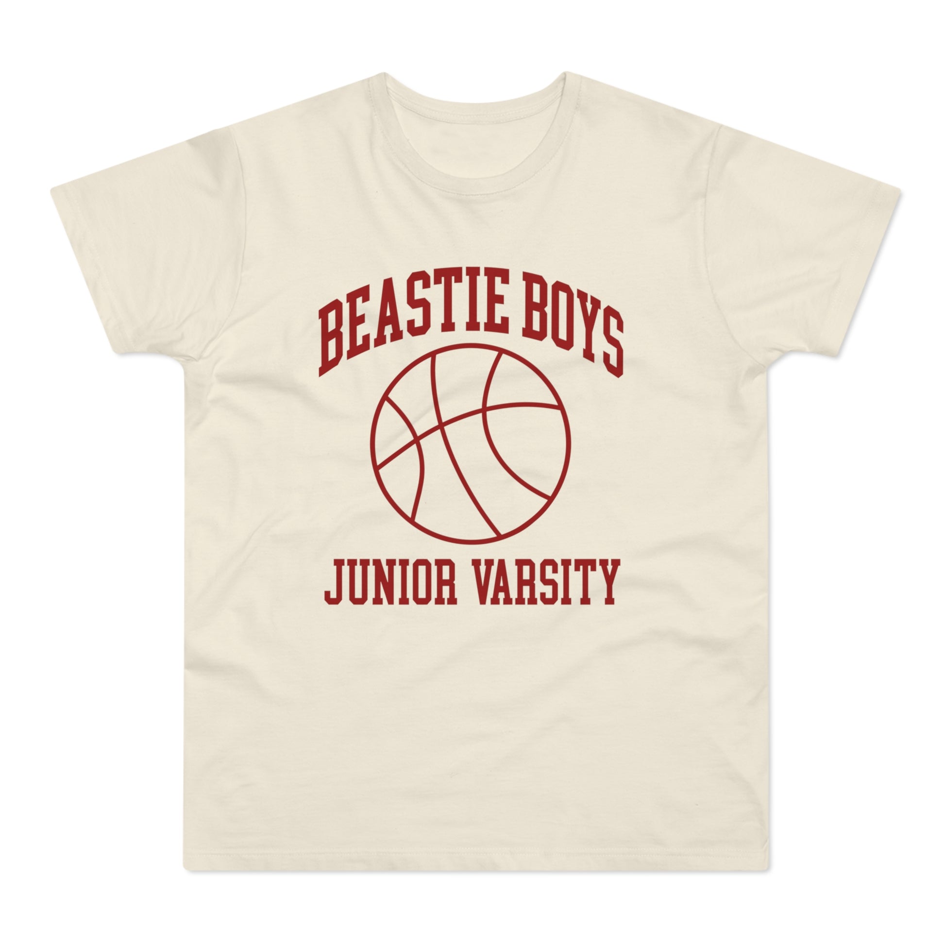 Cream t-shirt with "Beastie Boys Junior Varsity" and basketball graphic in maroon.
