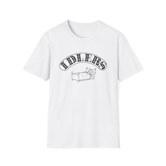 White t-shirt with "FIDDLERS" text and a character in bed graphic.