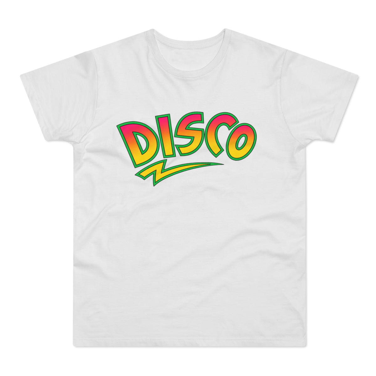White t-shirt with colorful "DISCO" text and yellow lightning bolt graphic.
