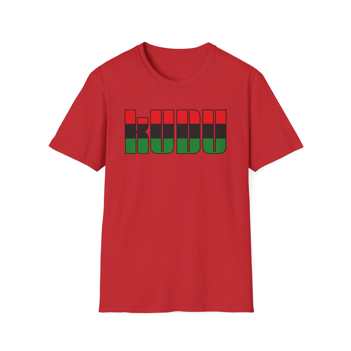Red t-shirt with black, green, and red block lettering spelling "KUBU".