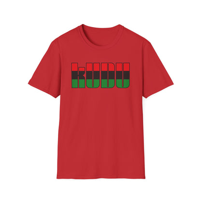 Red t-shirt with black, green, and red block lettering spelling "KUBU".