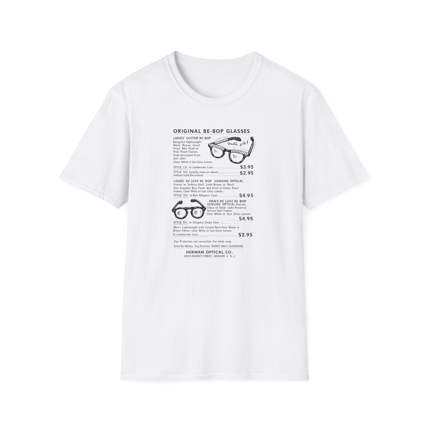 White t-shirt with illustration and text describing original be-bop glasses.