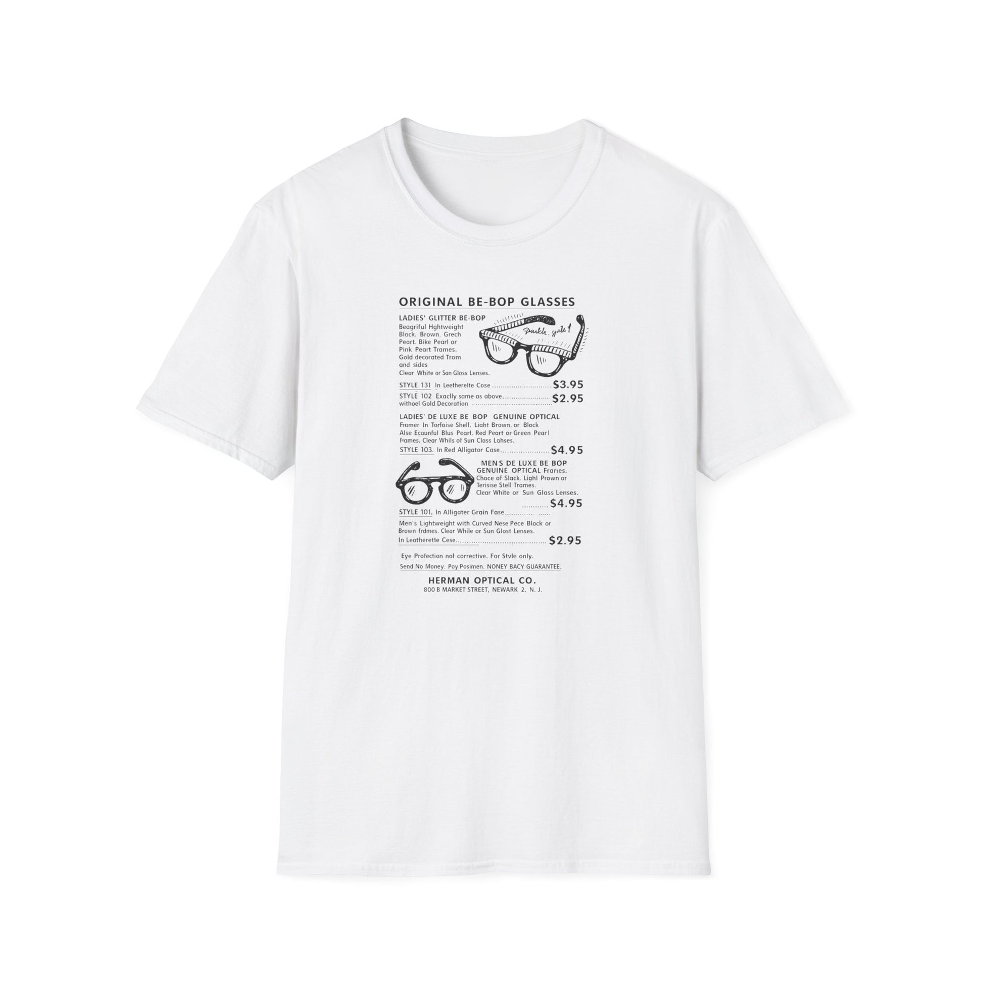 White t-shirt with illustration and text describing original be-bop glasses.