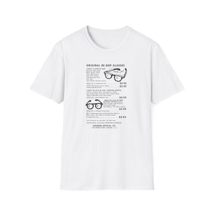 White t-shirt with illustration and text describing original be-bop glasses.