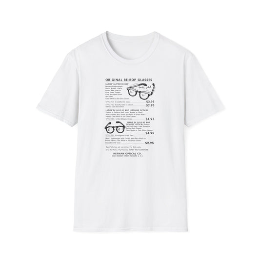 White t-shirt with illustration and text describing original be-bop glasses.