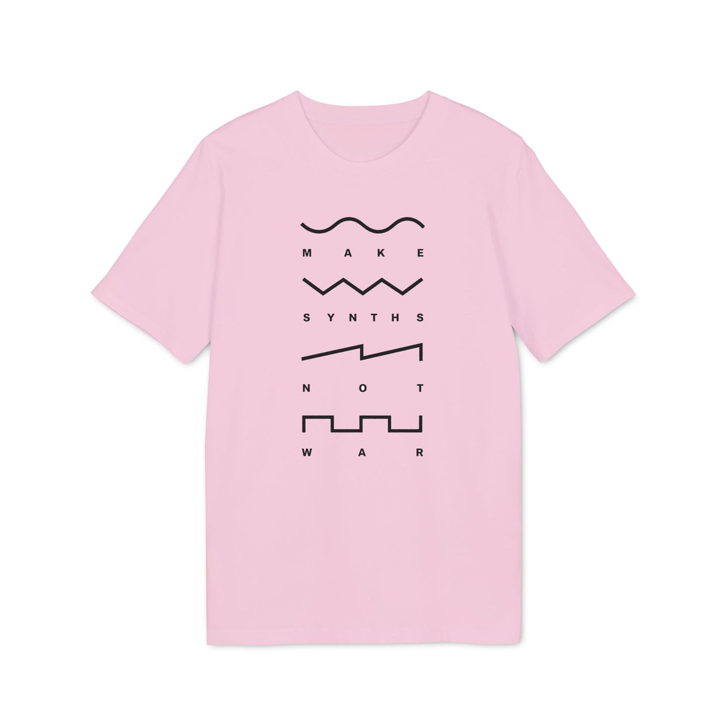 Pink t-shirt with black text and waveform graphics: "MAKE SYNTHS NOT WAR"