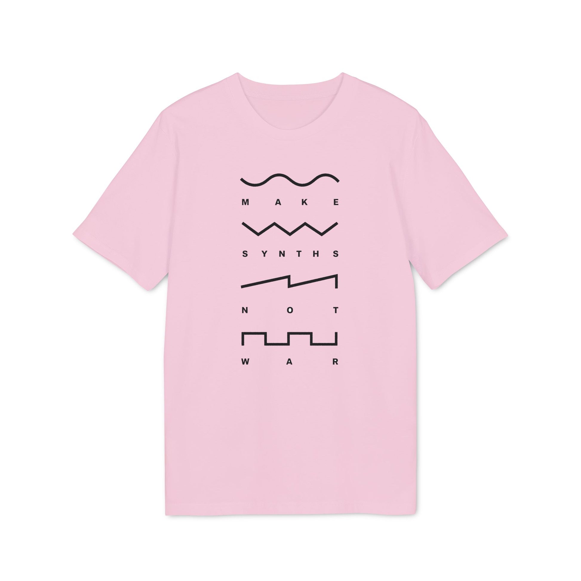 Pink t-shirt with black text and waveform graphics: "MAKE SYNTHS NOT WAR"