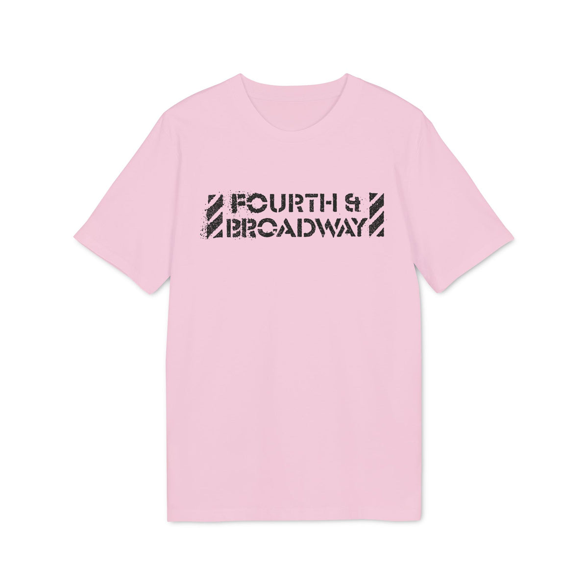 Light pink short-sleeve t-shirt with black distressed text reading "Fourth & Broadway" across the chest.