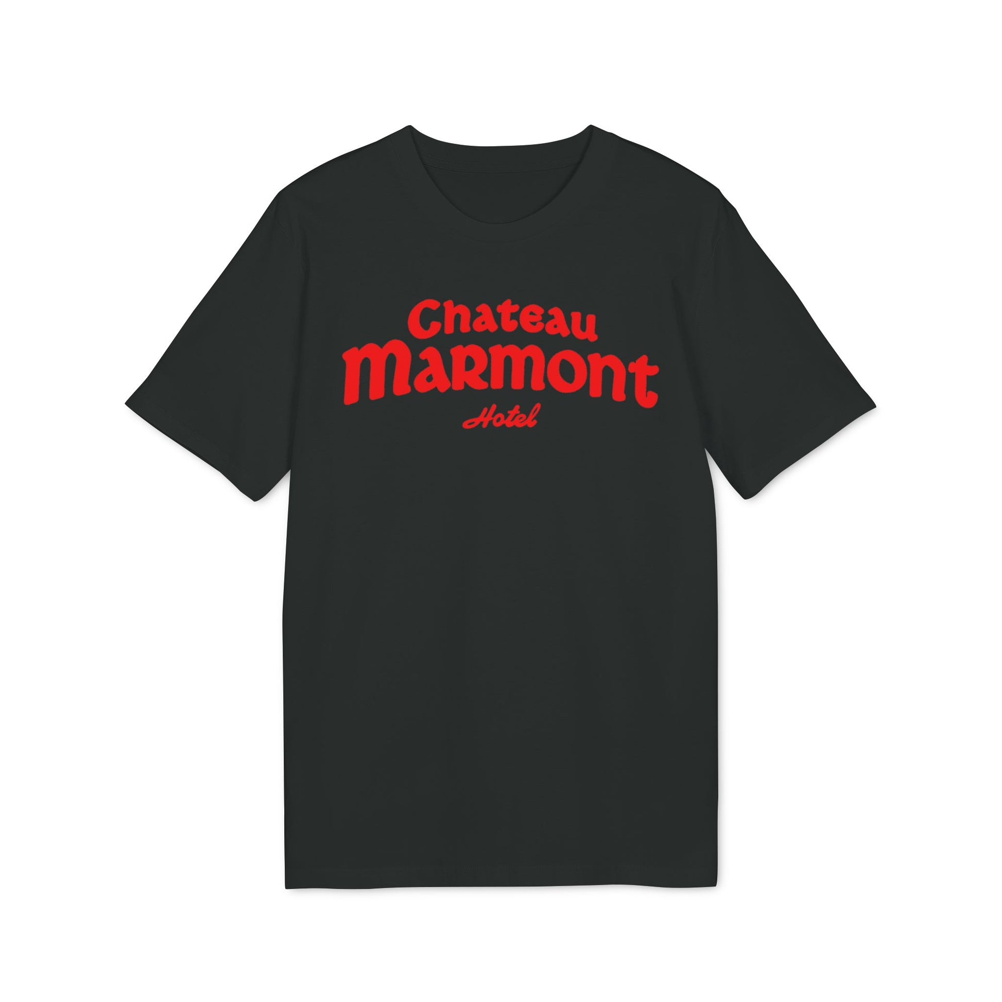 Black t-shirt with red Chateau Marmont Hotel text graphic
