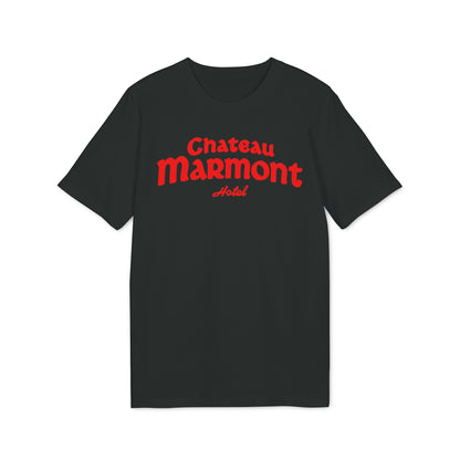 Black t-shirt with red Chateau Marmont Hotel text graphic
