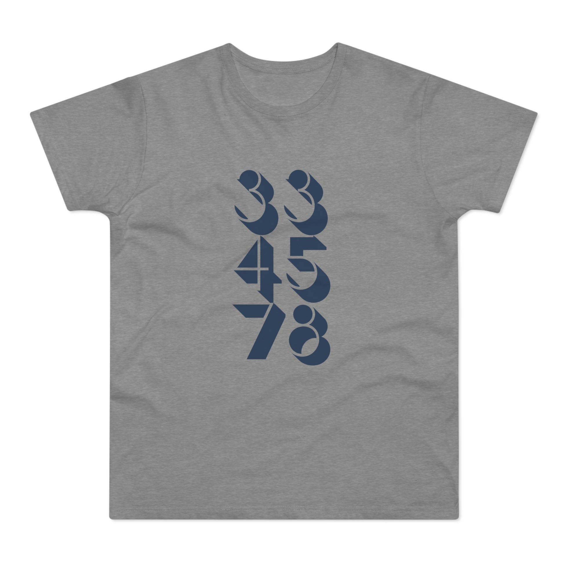Grey t-shirt with navy blue stacked numbers: 334578.