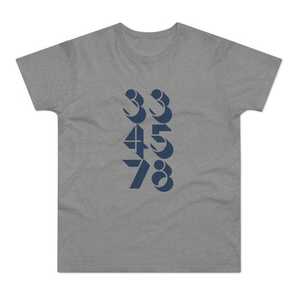 Grey t-shirt with navy blue stacked numbers: 334578.