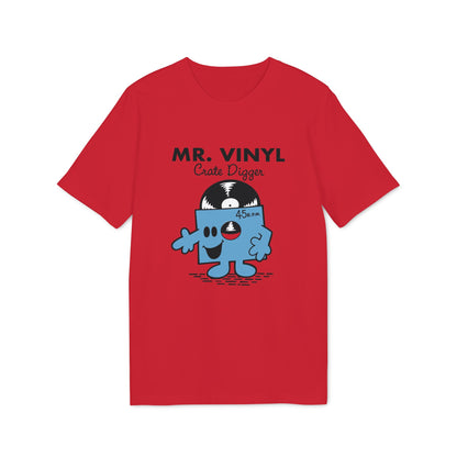Red t-shirt with "MR. VINYL Crate Digger" and cartoon vinyl record character.