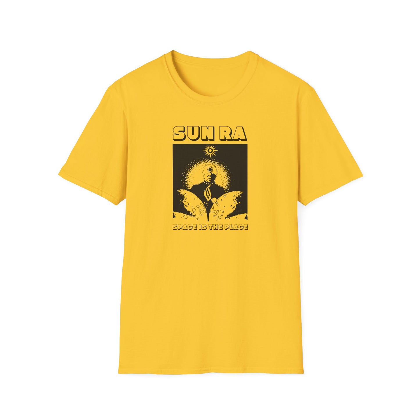 Yellow t-shirt with black "SUN RA SPACE IS THE PLACE" graphic.