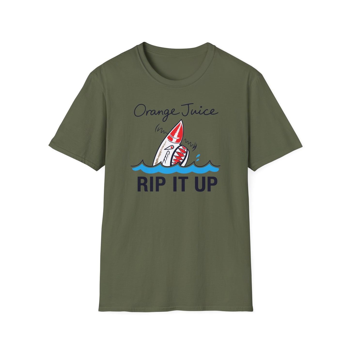 Green t-shirt with "Orange Juice Rip It Up" text and shark graphic.
