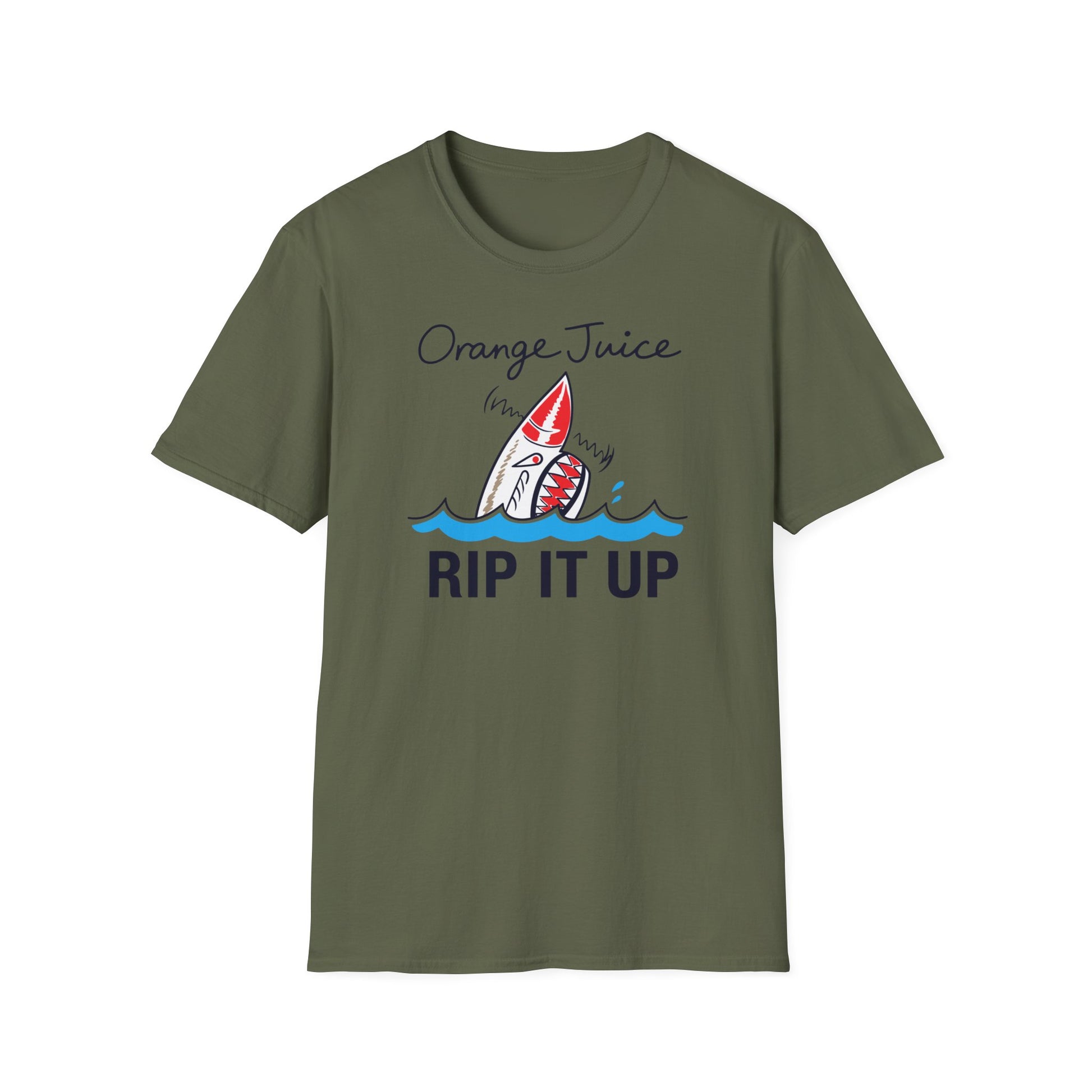 Green t-shirt with "Orange Juice Rip It Up" text and shark graphic.