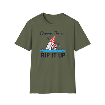 Green t-shirt with "Orange Juice Rip It Up" text and shark graphic.