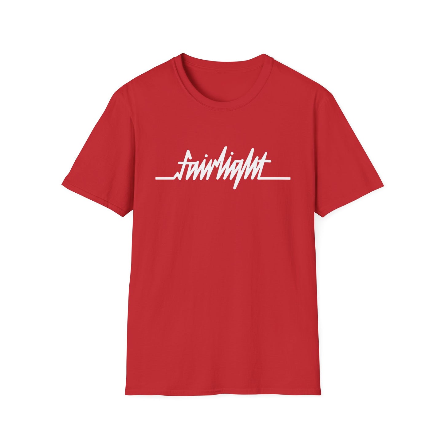 Red t-shirt with white "fairlight" text logo and heartbeat line.