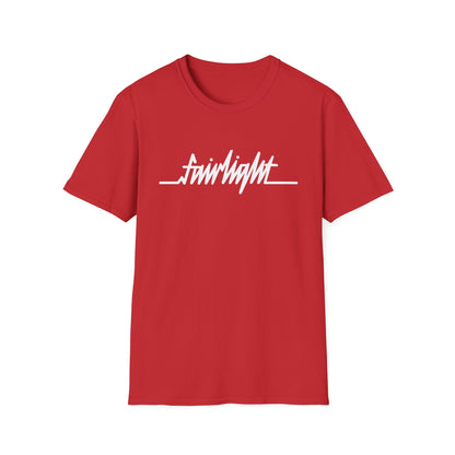 Red t-shirt with white "fairlight" text logo and heartbeat line.