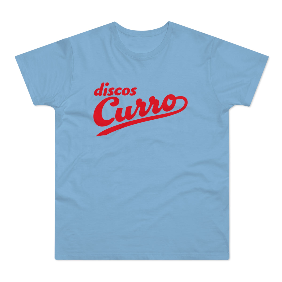 Light blue t-shirt with red "discos Curro" text in a script font.