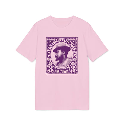 Thelonious Monk portrait on a pink t-shirt with stamp design details.