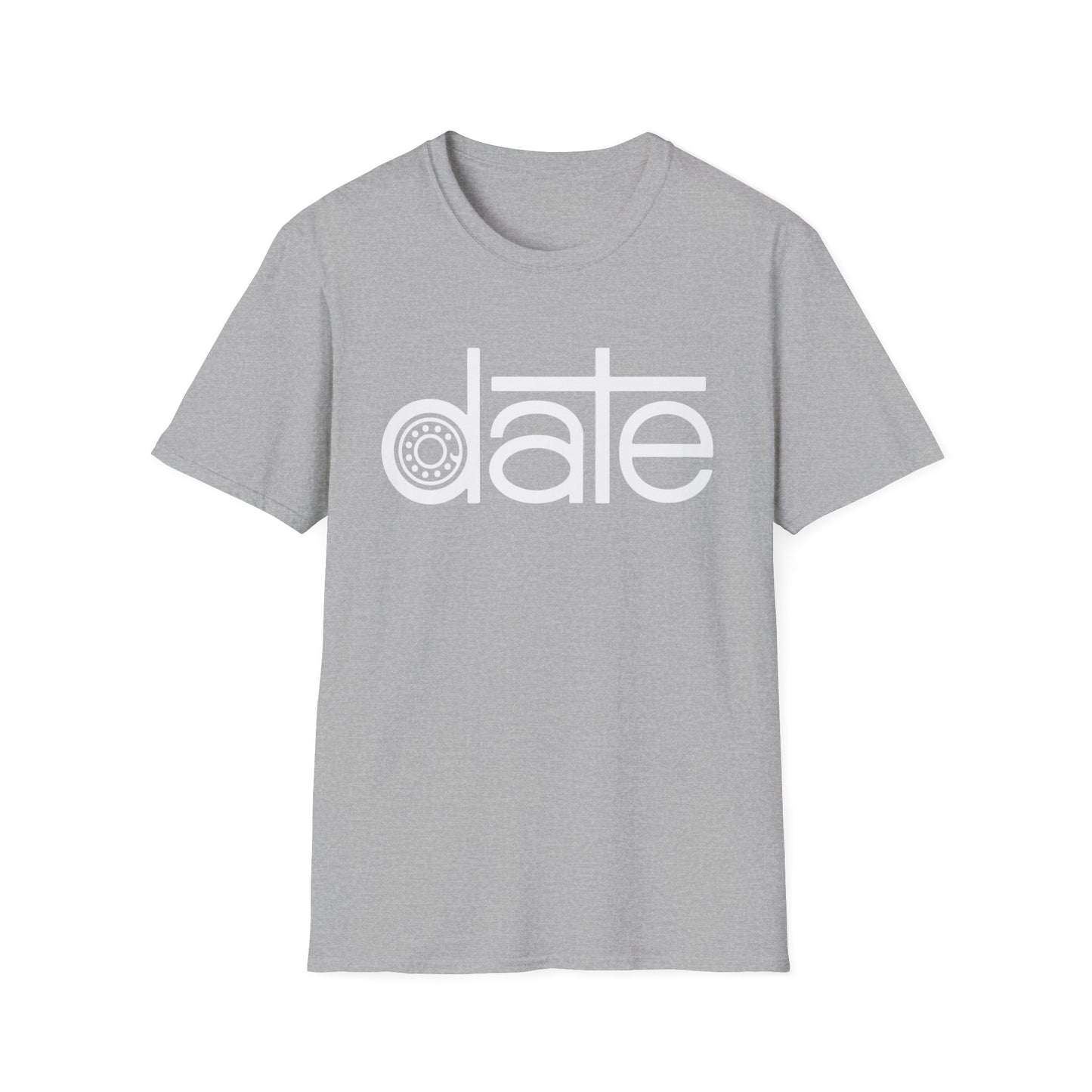 Grey t-shirt with white text "date" featuring a circular pattern within the "a".